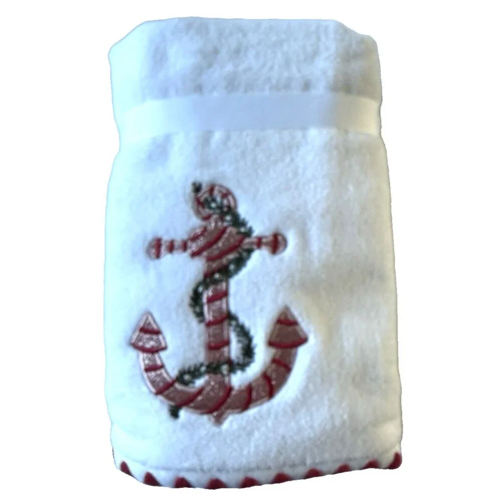 Kassa Decor Christmas White Hand Towels Set of 2 Pink Anchor Embroidered